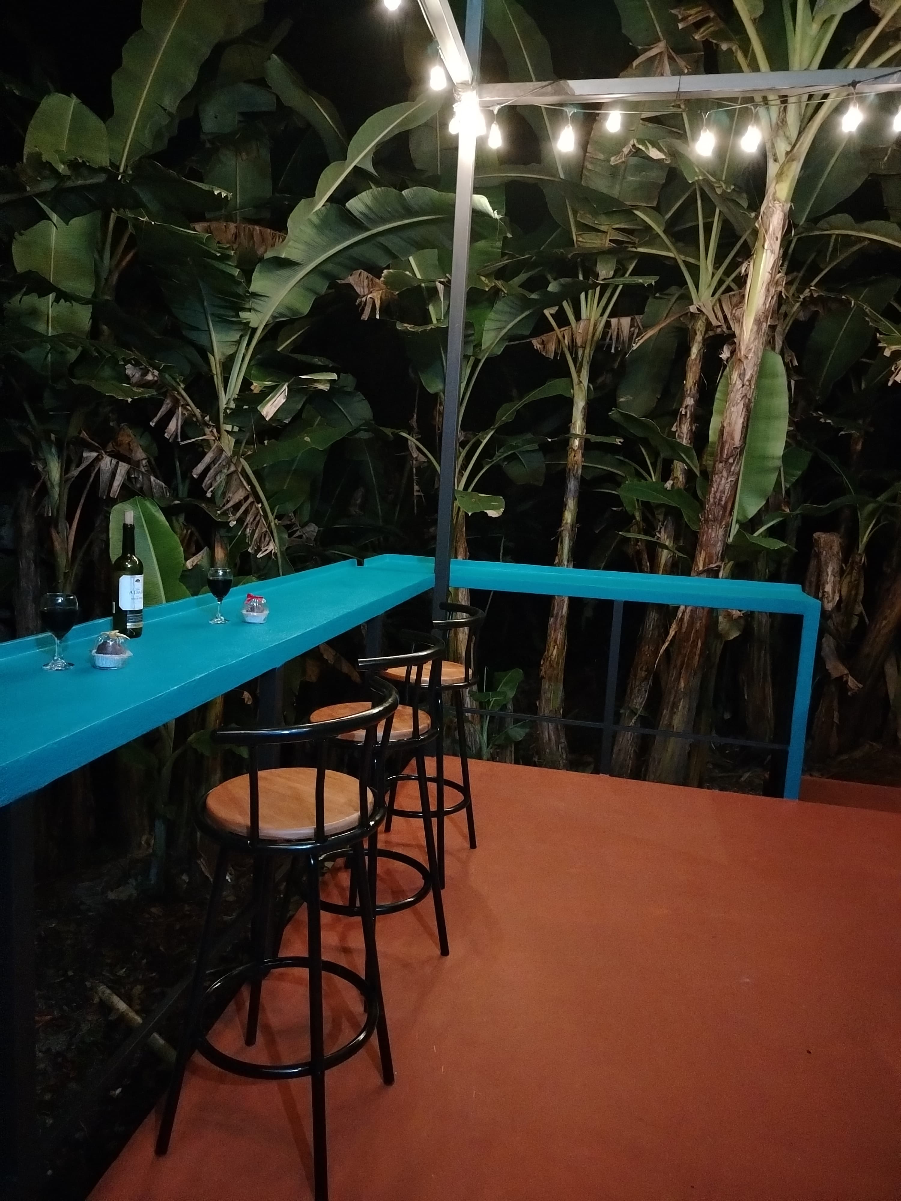 Warm night lighting on the wooden deck